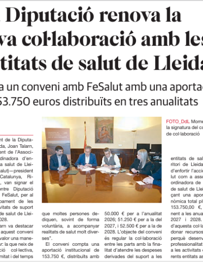 La diputacio renova la seva col·laboració amb les entitats de salut de Lleida